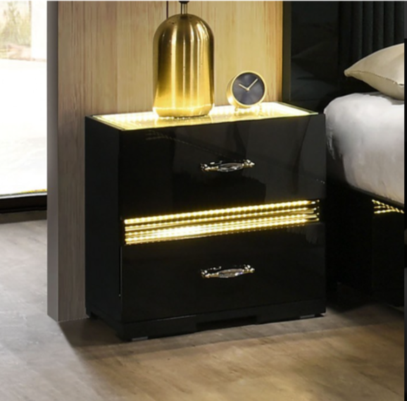 Lucida 2-Drawer Nightstand with LED Light in Contemporary Black with gold shimmer accent