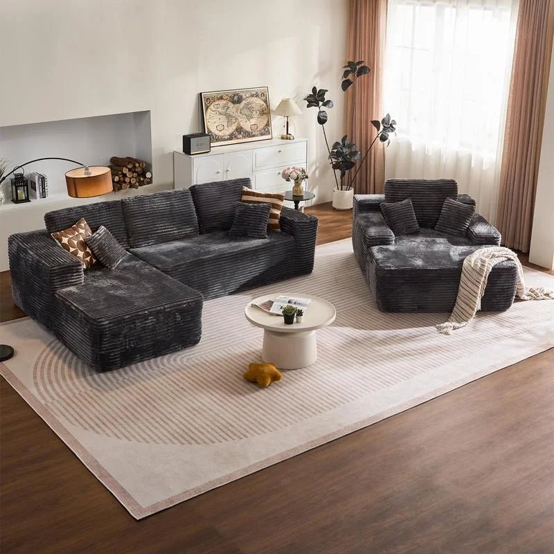 Corduroy L - Shape Boneless 3 - Seater Convertible Sectional Sofa Set ποΈβ¨ | Modern Reading Chair Couch - LDH Furniture
