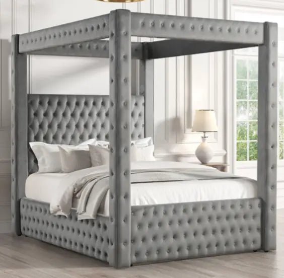 Lauren Bluetooth Tufted Velvet Canopy Platform Bed w 4 Phone Chargers - LDH Furniture