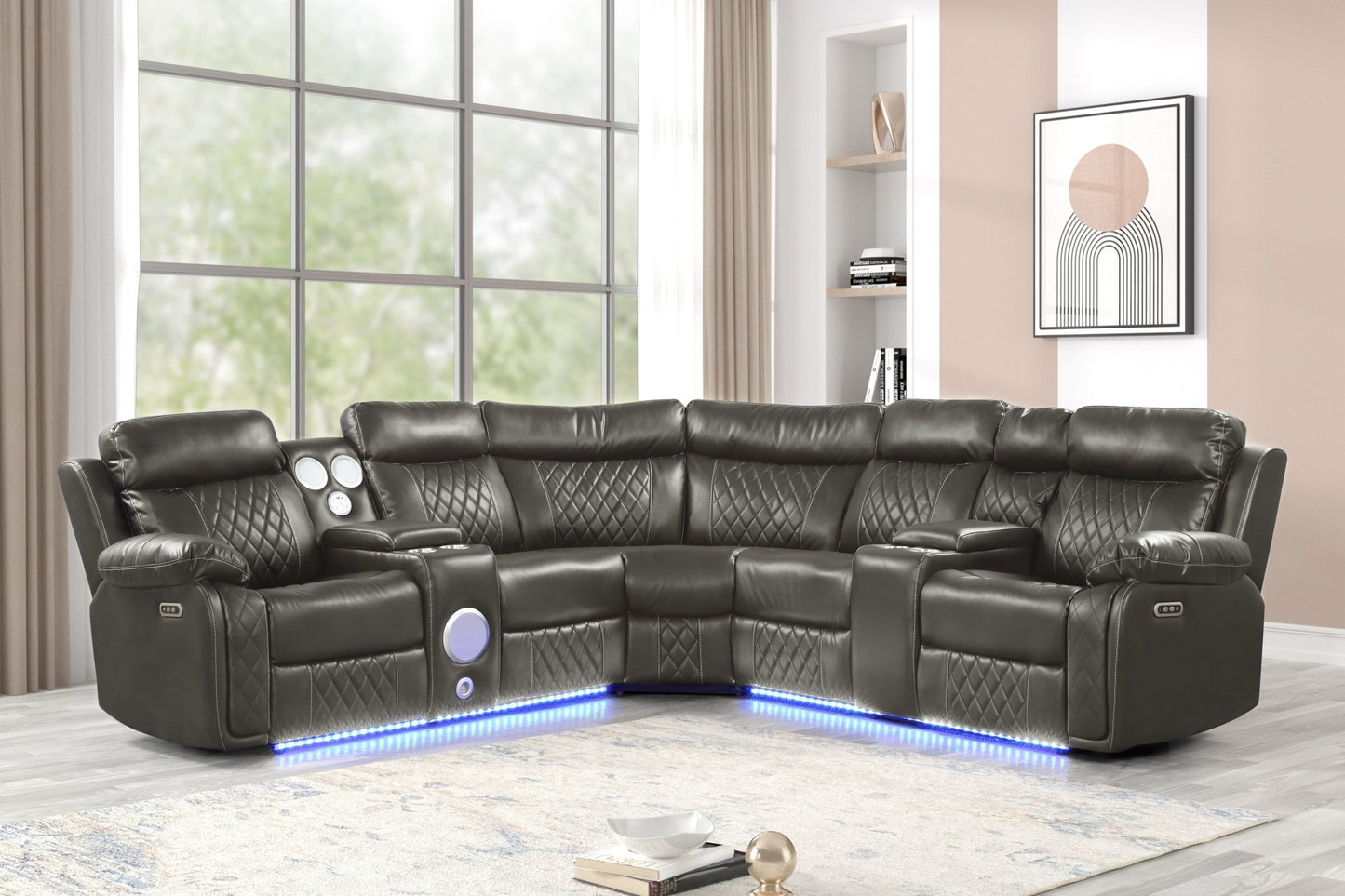 Power Reclining Sectional w LED Lights & Bluetooth Speakers - LDH Furniture