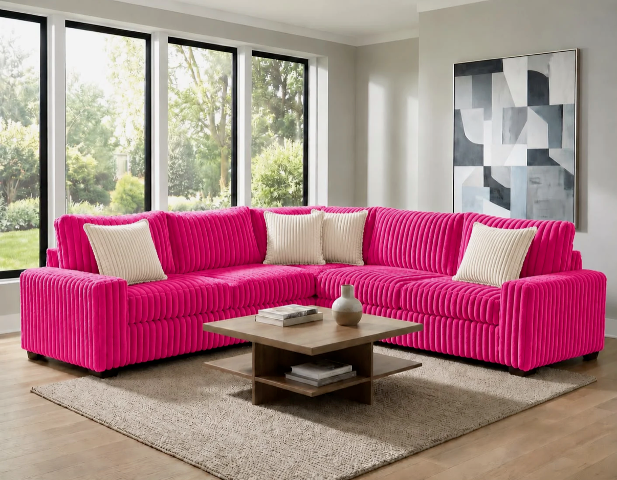 Hugo Fuchsia 3PC Pink Corduroy Sectional w Pillows