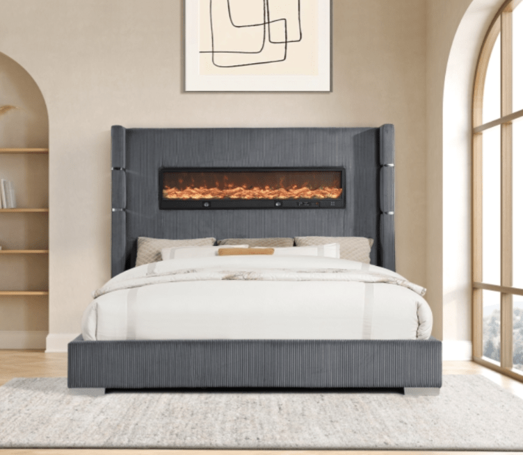 Vadra Platform Bed w Digital Fireplace & Bluetooth speakers - LDH Furniture