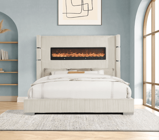Vadra Platform Bed w Digital Fireplace & Bluetooth Speakers & Phone Charger - LDH Furniture
