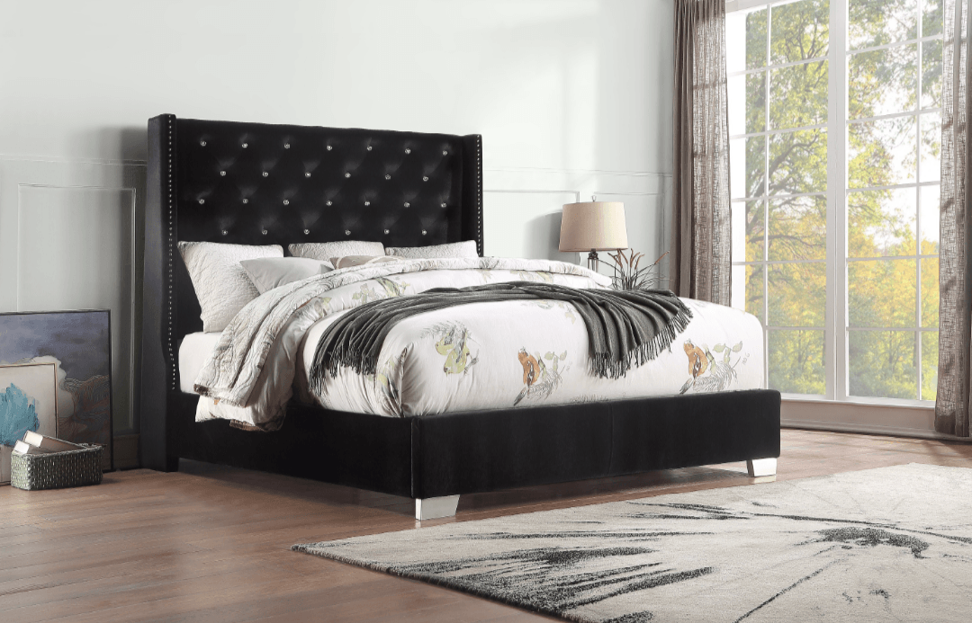 A-SHAQ Velvet Bed with Tall Headboard & Crystal Buttons - Luxurious and Contemporary - LDH Furniture