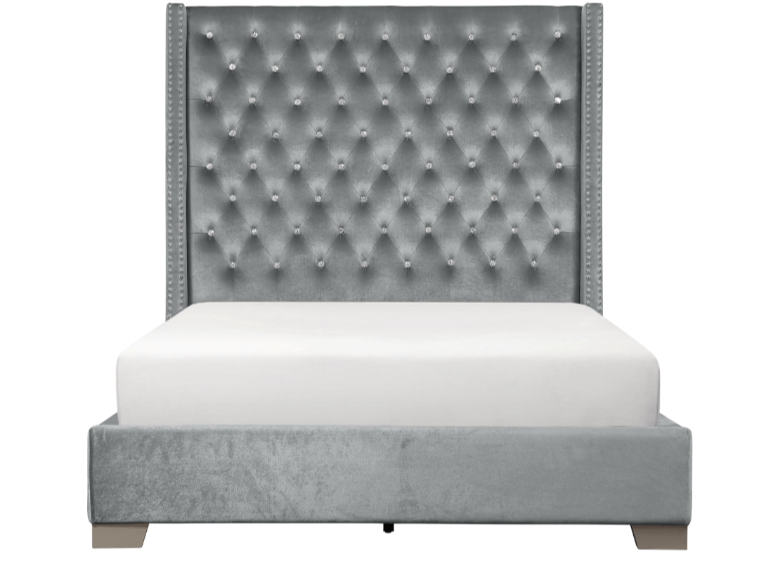 A-SHAQ Velvet Bed with Tall Headboard & Crystal Buttons - Luxurious and Contemporary - LDH Furniture