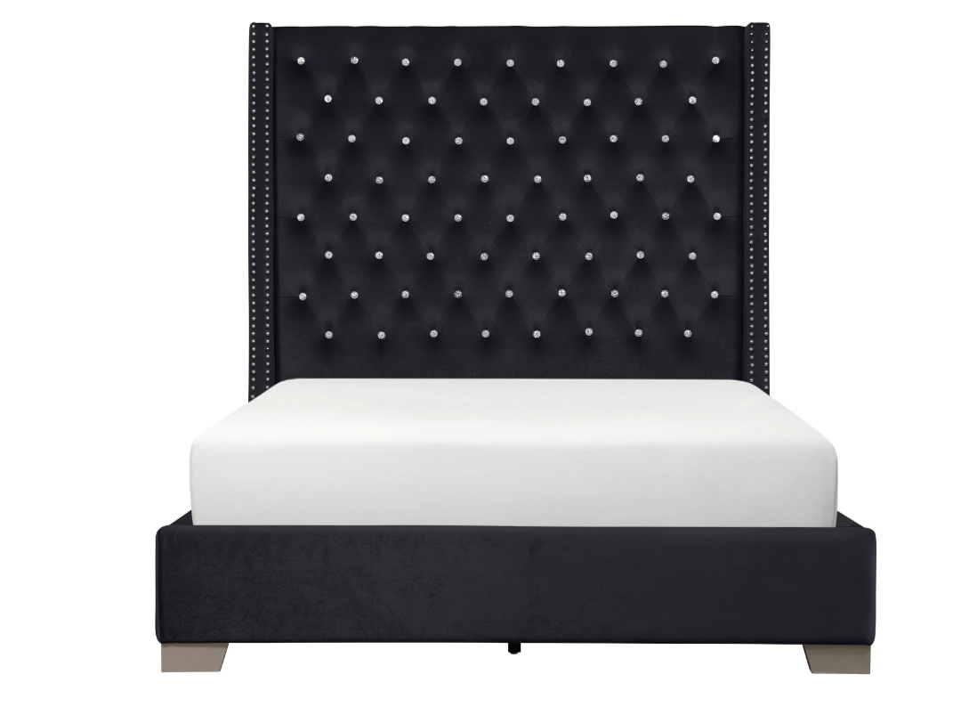 A-SHAQ Velvet Bed with Tall Headboard & Crystal Buttons - Luxurious and Contemporary - LDH Furniture