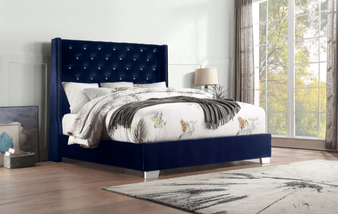 A-SHAQ Velvet Bed with Tall Headboard & Crystal Buttons - Luxurious and Contemporary - LDH Furniture