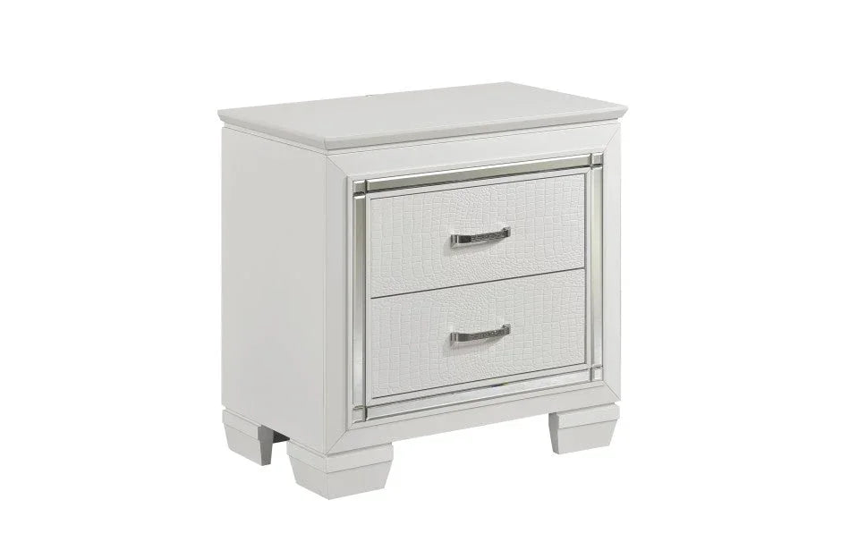 Modern white mirrored nightstand with two textured faux-crocodile drawers