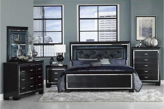 Modern black bedroom set with tufted leather headboard, dresser, and nightstand