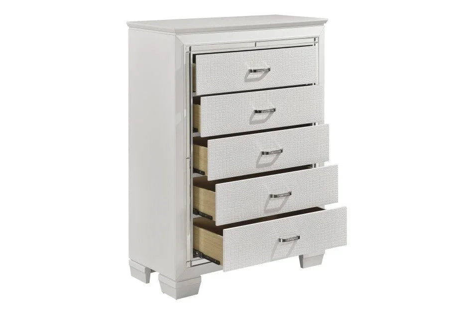 White 5-drawer dresser with faux crocodile texture and silver handles