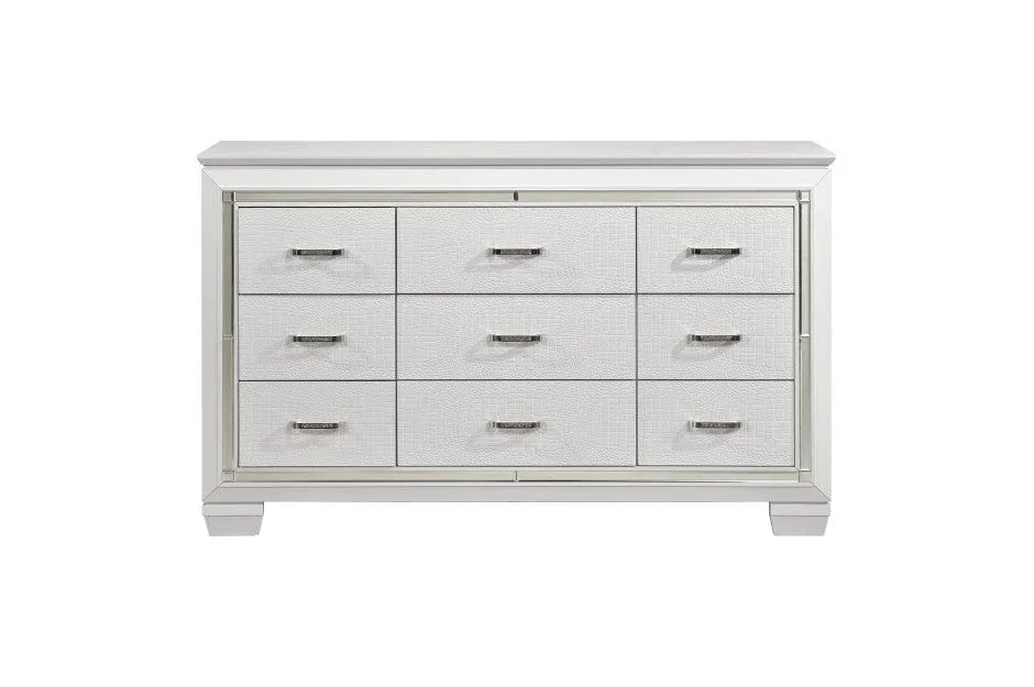 White 9-drawer dresser with textured fronts and silver handles