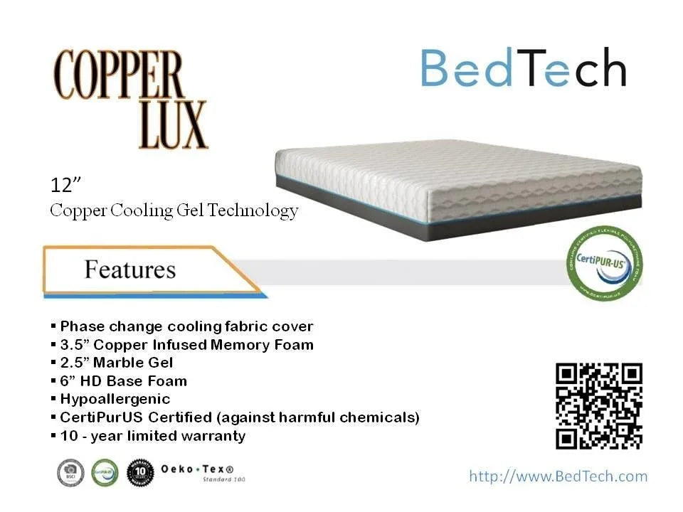 BedTech Copper Lux 12-inch copper cooling gel memory foam mattress with features list