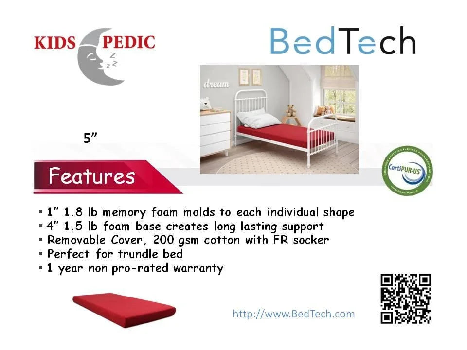 BedTech kids memory foam mattress for trundle beds featuring CertiPUR-US certification.