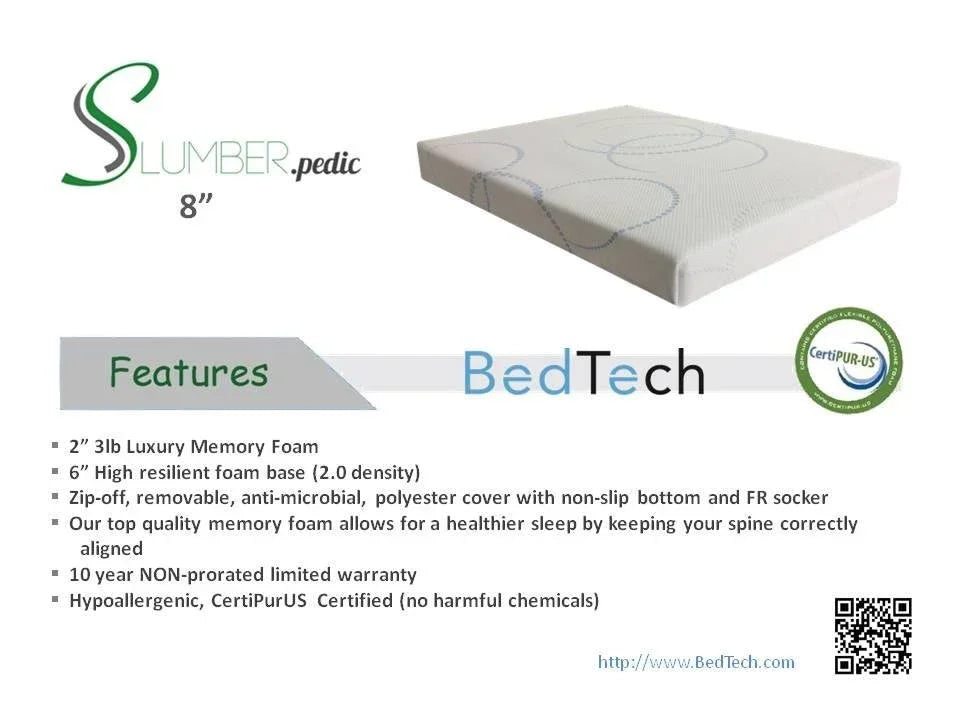 Slumberpedic 8-inch memory foam mattress by BedTech with CertiPUR-US certification