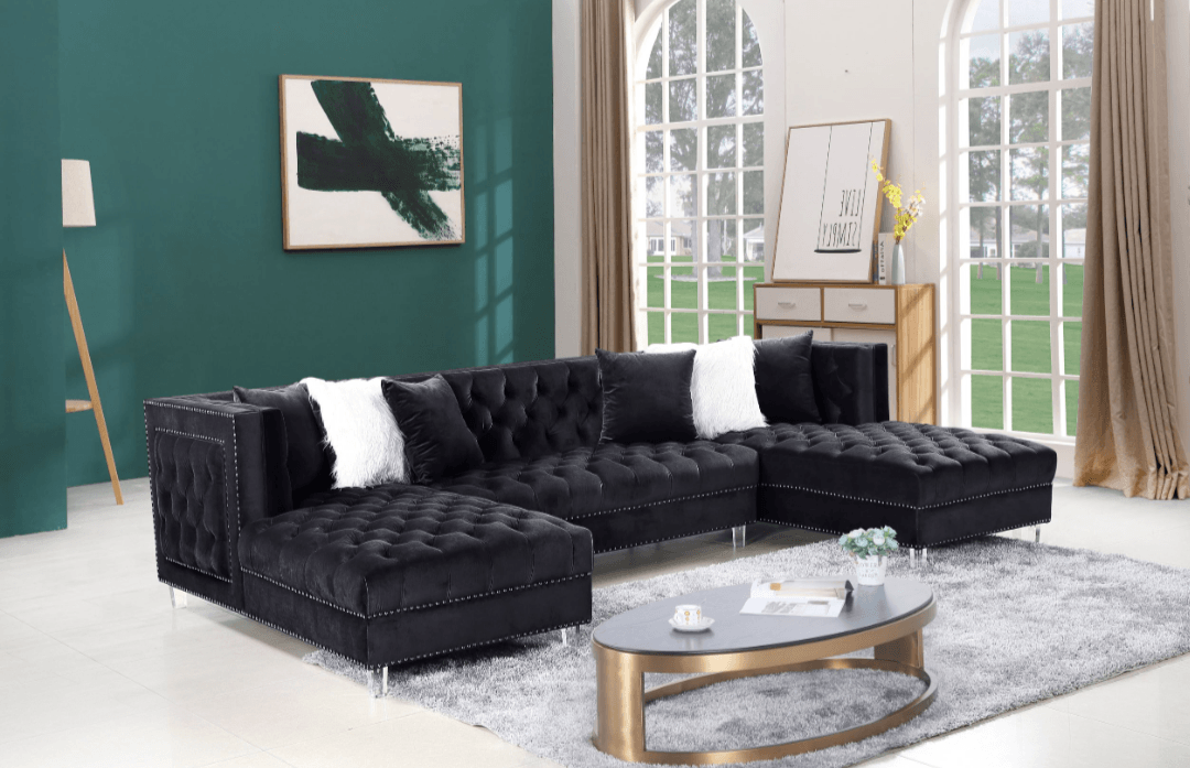 Camila 3PC Tufted Velvet Sectional w Pillows - LDH Furniture