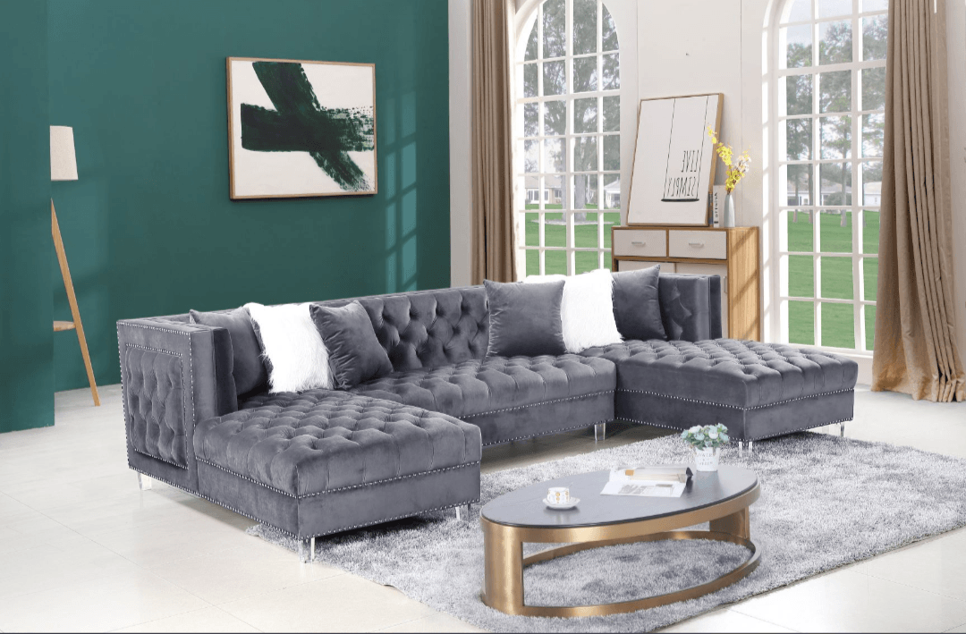 Camila 3PC Tufted Velvet Sectional w Pillows - LDH Furniture