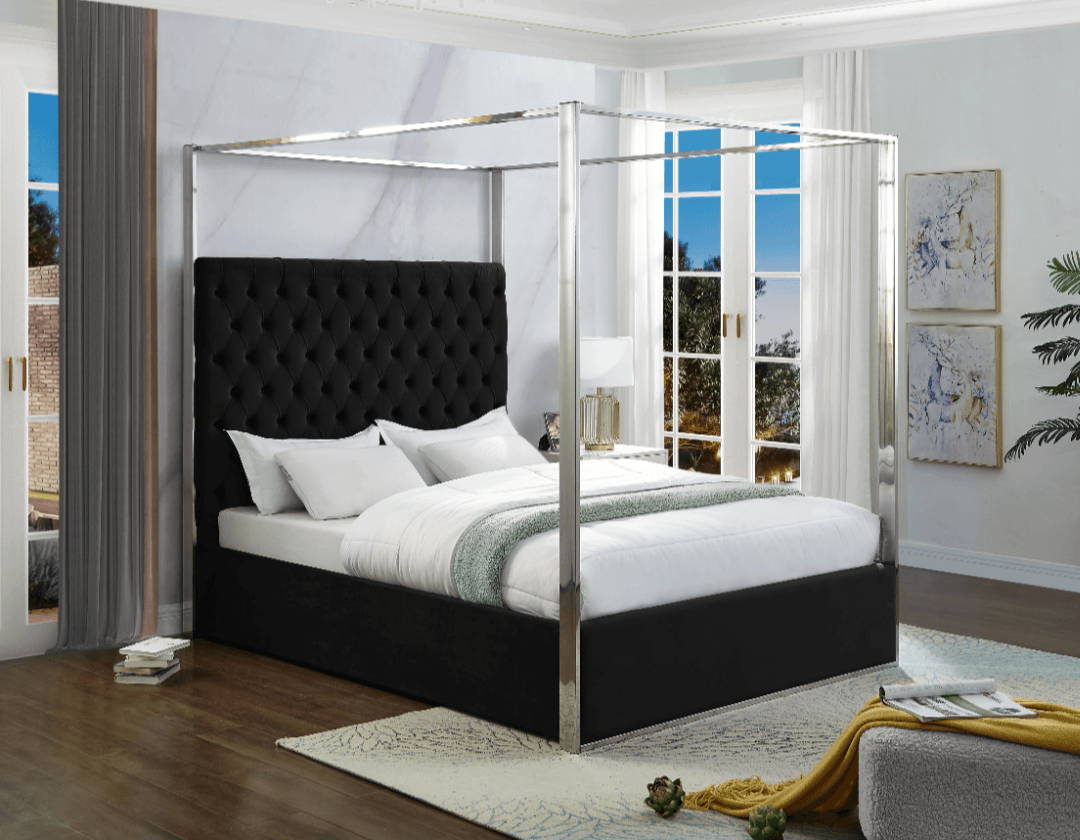 Canopy Bed Velvet Fabric & Chrome Trim - LDH Furniture