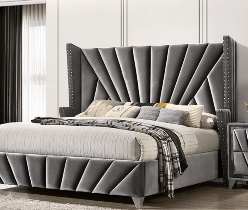 Carissa Velvet Platform Bed w Nailhead Trim - LDH Furniture