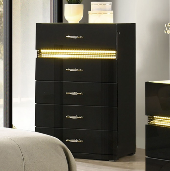 Lucida 6-Drawer Tall Chest with LED Light in Contemporary Black with gold shimmer accent