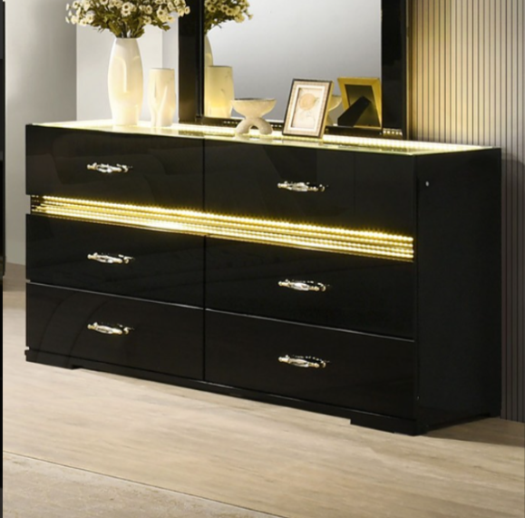 Lucida 6-Drawer Dresser with LED Light in Contemporary Black with gold shimmer accent