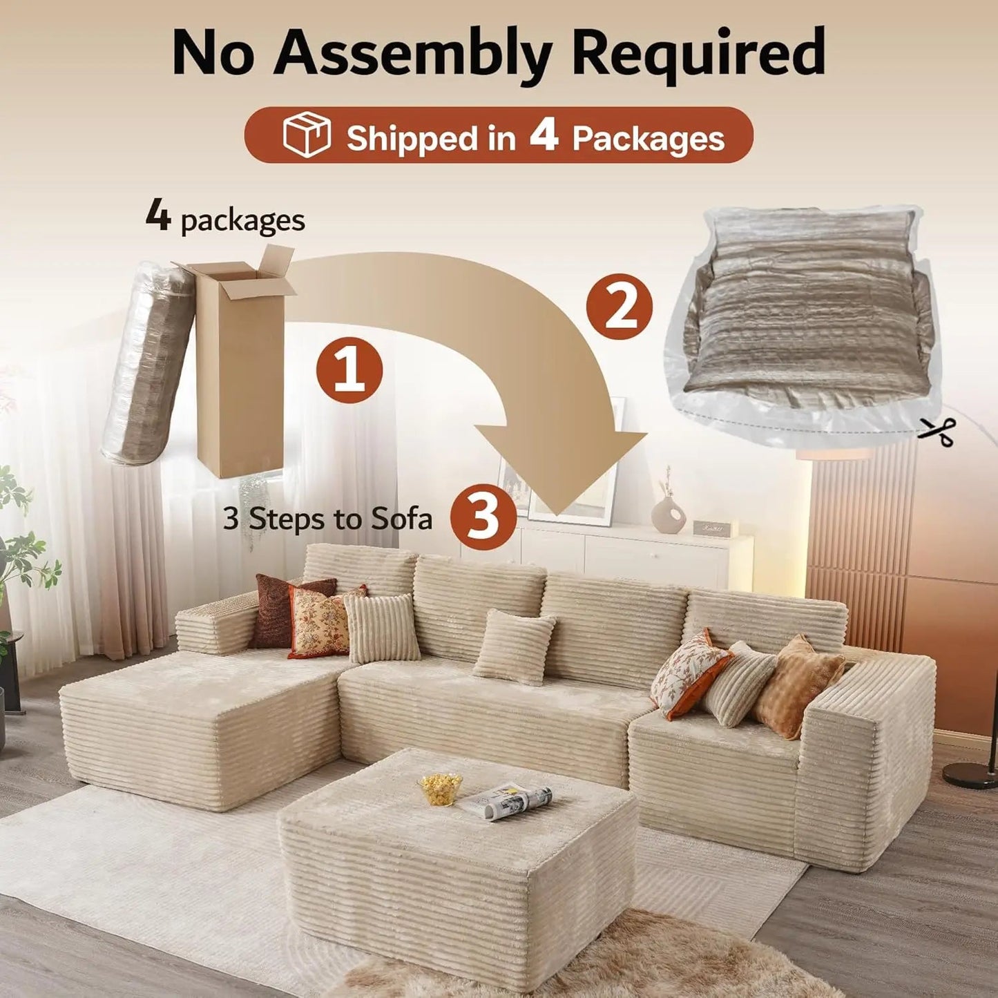 Beige U Shape Corduroy Modular Sectional Cloud Sofa in a Box 🛋️📦 | US Free Shipping - LDH Furniture