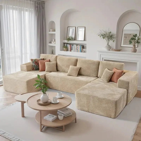 Beige U Shape Corduroy Modular Sectional Cloud Sofa in a Box 🛋️📦 | US Free Shipping - LDH Furniture