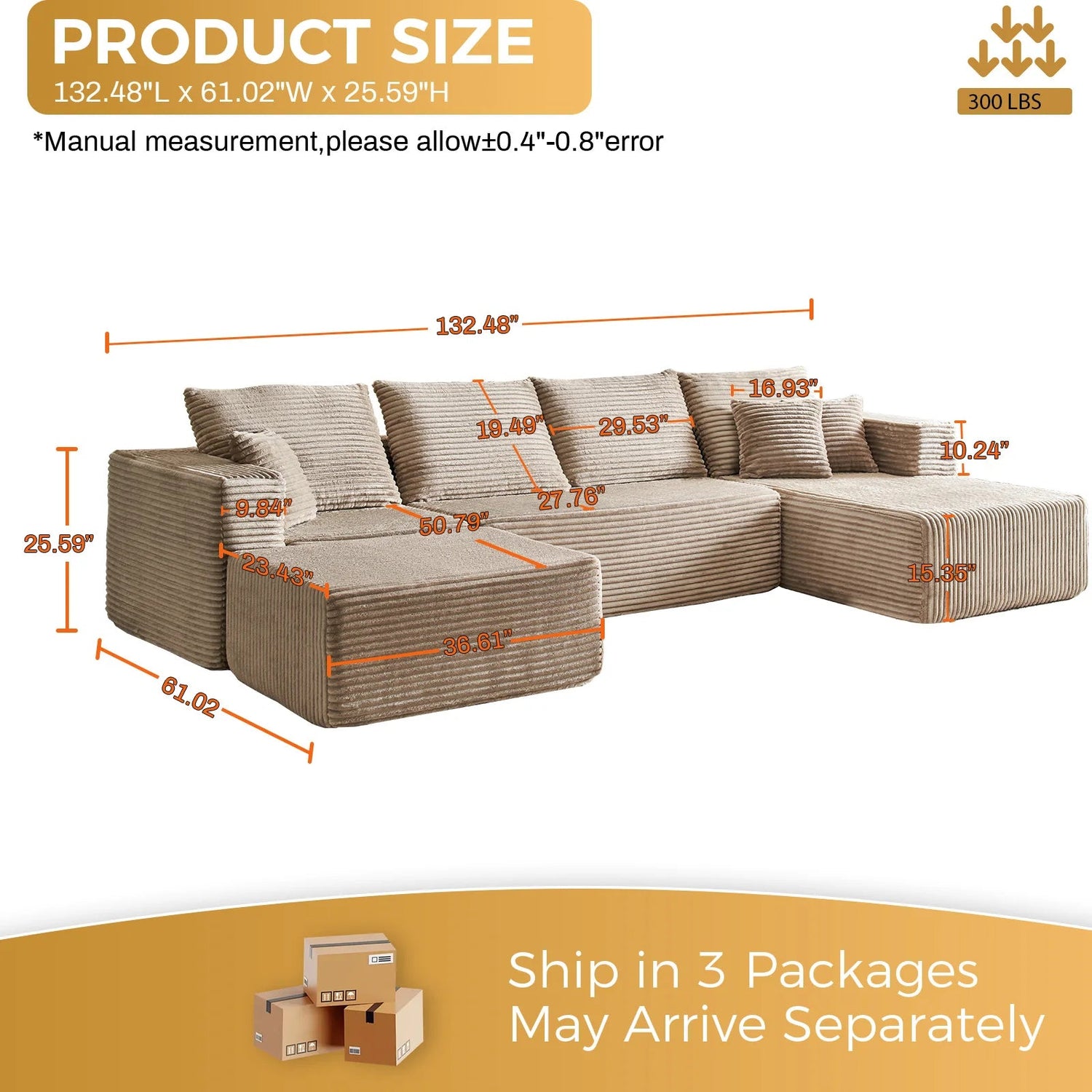 Beige U Shape Corduroy Modular Sectional Cloud Sofa in a Box 🛋️📦 | US Free Shipping - LDH Furniture
