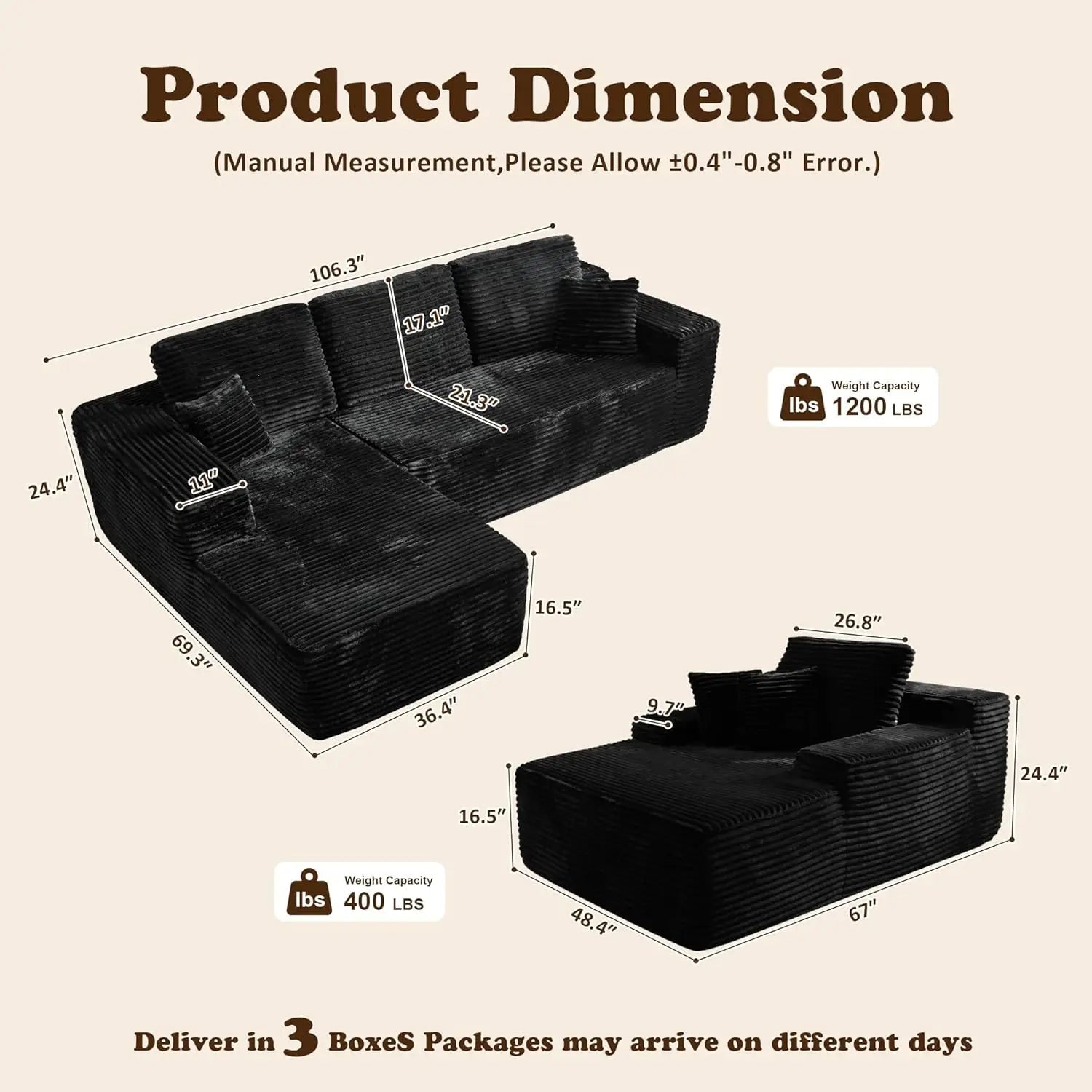 Corduroy L - Shape Boneless 3 - Seater Convertible Sectional Sofa Set 🛋️✨ | Modern Reading Chair Couch - LDH Furniture