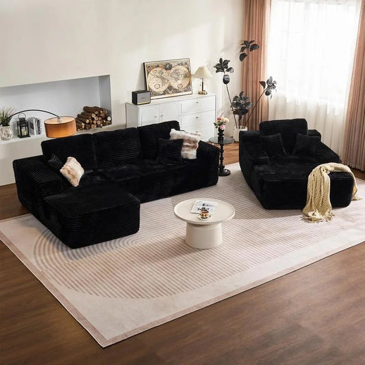 Corduroy L - Shape Boneless 3 - Seater Convertible Sectional Sofa Set 🛋️✨ | Modern Reading Chair Couch - LDH Furniture