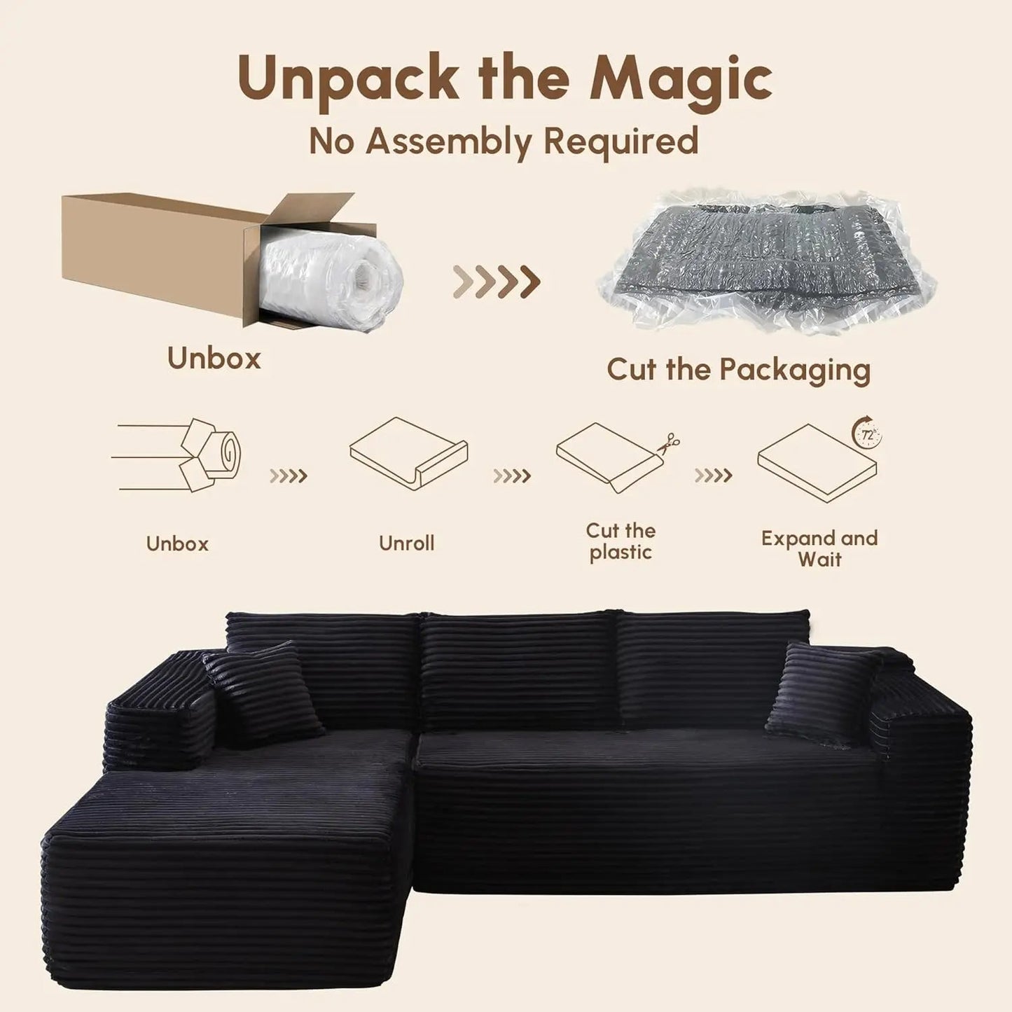 Corduroy L - Shape Boneless 3 - Seater Convertible Sectional Sofa Set 🛋️✨ | Modern Reading Chair Couch - LDH Furniture