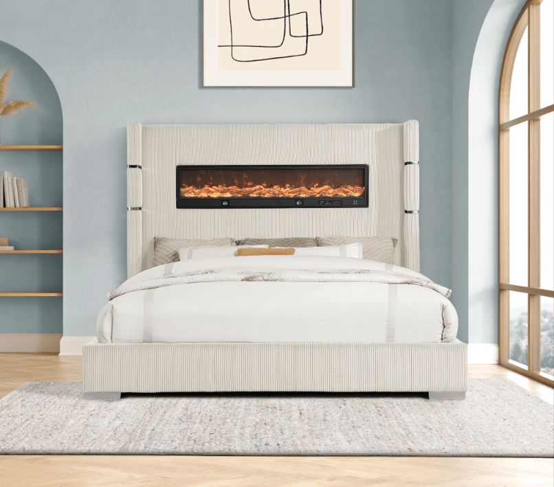 Vadra Platform Bed w Digital Fireplace & Bluetooth Speakers & Phone Charger - LDH Furniture
