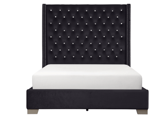 A-SHAQ Velvet Bed with Tall Headboard & Crystal Buttons - Luxurious and Contemporary - LDH Furniture