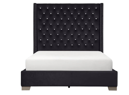 Black velvet tufted bed frame with crystal buttons and nailhead trim