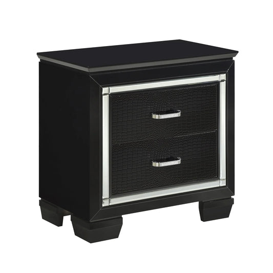 Modern black nightstand with faux crocodile leather drawers and silver trim