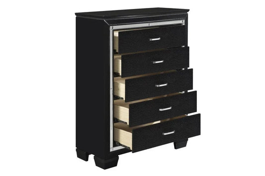 Black 5-drawer chest with textured fronts and silver handles