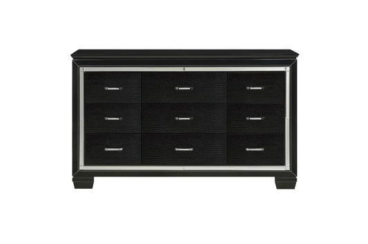 Modern black 9-drawer dresser with silver metallic trim and textured drawer fronts