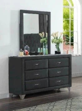 Modern dark grey upholstered 6-drawer dresser with matching rectangular mirror