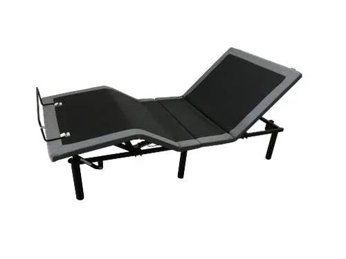 Adjustable power bed base with a gray frame and black mattress support