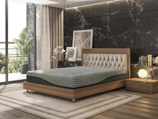 Modern wooden bed frame with a tufted headboard and grey mattress in a luxury bedroom