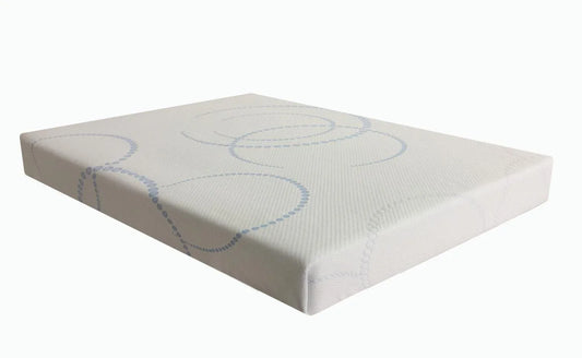 White mattress with blue decorative swirl patterns on a plain background
