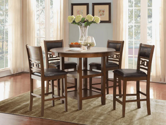 Round wooden dining table set with four brown leather upholstered chairs on a tan rug